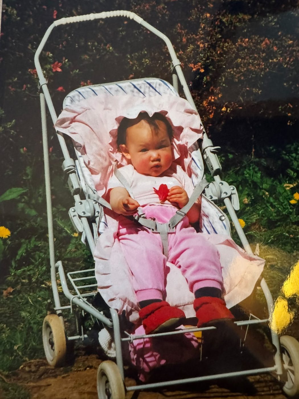 Melanie as a baby in a pink pram